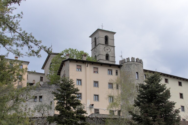 vue sur Castelmonte avec arbres à l'avant plan