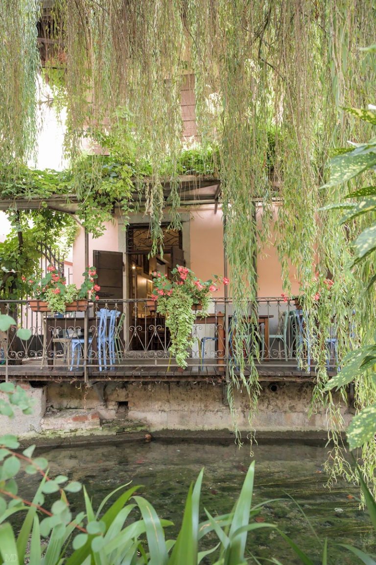 terrasse et saule pleureur au bord du canal à udine