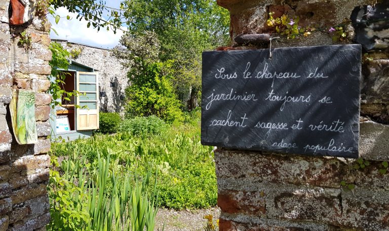 jardin avec ardoise et ruche en arrière plan